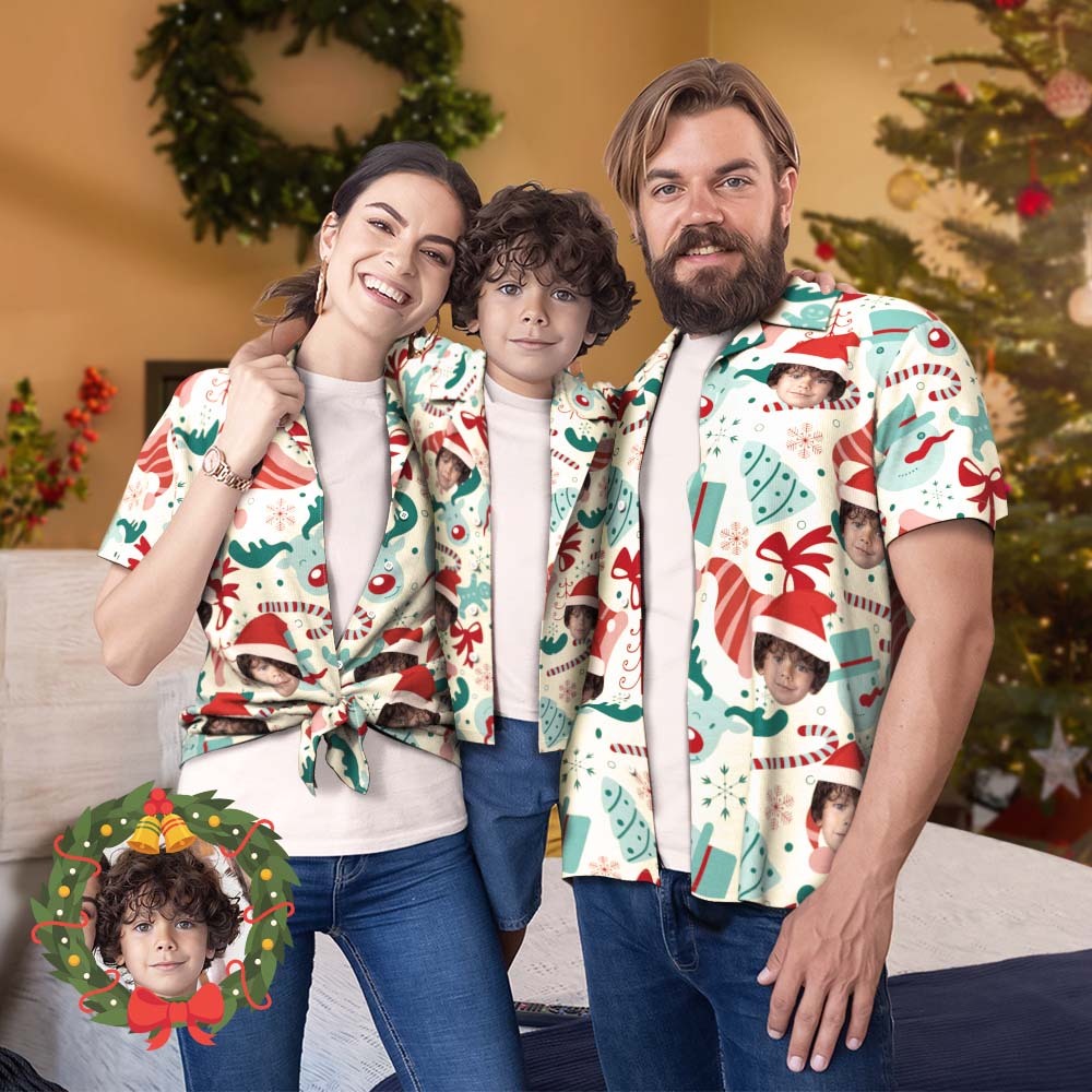 Tenue Hawaïenne Assortie À Un Visage Personnalisé, Tenue Parent-enfant Pour Fête De Noël À La Piscine, Chapeau De Père Noël Et Nœuds - MaPhotocaleconFr