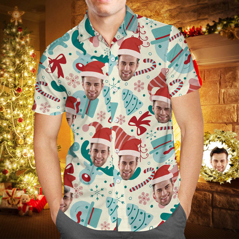Chemise Visage Personnalisée Photo Personnalisée Chemise Hawaïenne Pour Hommes Cadeau De Noël - Chapeau De Père Noël - MaPhotocaleconFr