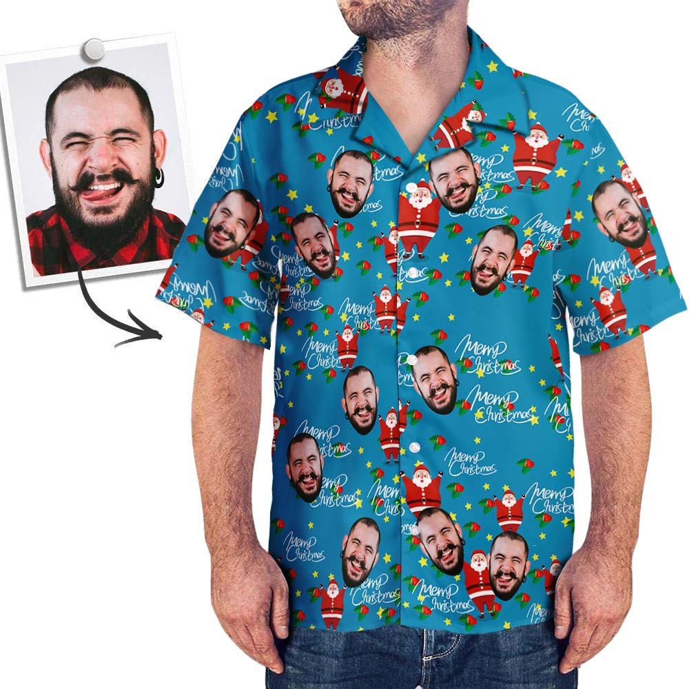 Chemise Visage Personnalisée Photo Personnalisée Chemise Hawaïenne Homme Cadeau De Noël - Joyeux Père Noël - MaPhotocaleconFr