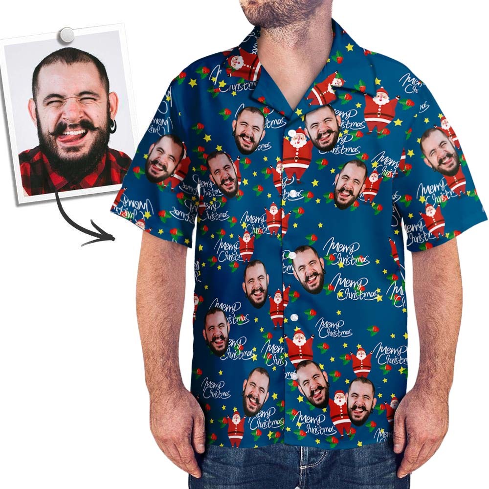 Chemise Visage Personnalisée Photo Personnalisée Chemise Hawaïenne Homme Cadeau De Noël - Joyeux Père Noël - MaPhotocaleconFr