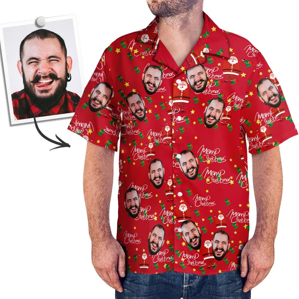Chemise Visage Personnalisée Photo Personnalisée Chemise Hawaïenne Homme Cadeau De Noël - Joyeux Père Noël - MaPhotocaleconFr