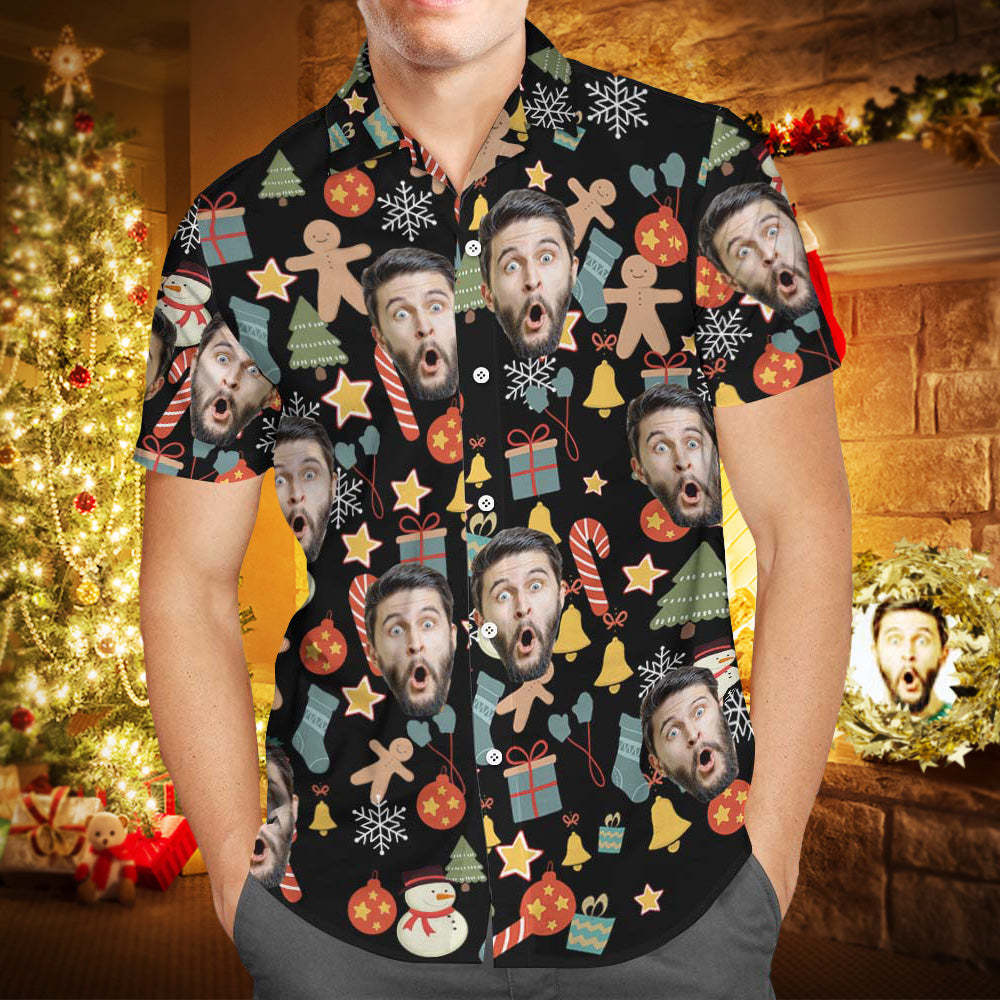 Chemise Visage Personnalisée Photo Personnalisée Chemise Hawaïenne Homme Cadeau Surprise De Noël - Joyeux Noël - MaPhotocaleconFr