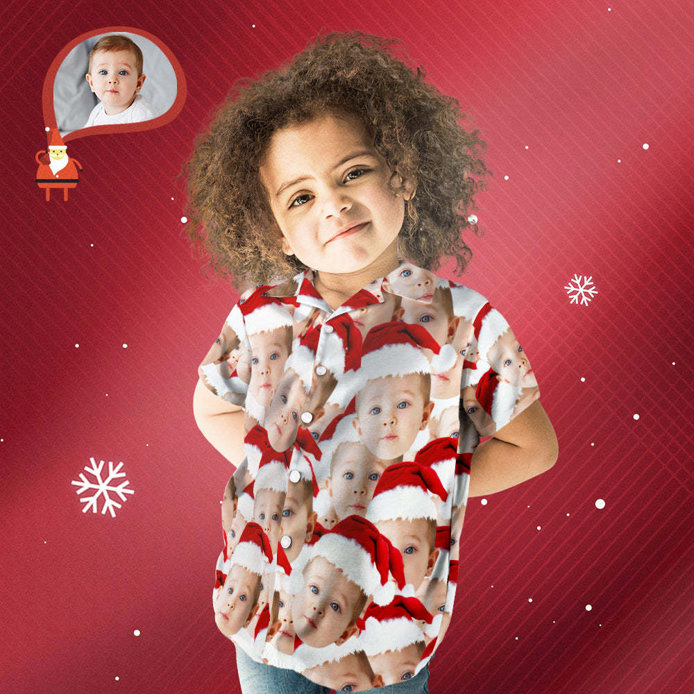 Chemise De Visage Personnalisée Photo Personnalisée Chemise Hawaïenne Pour Enfants Cadeau De Noël - Santa Face Mash - MaPhotocaleconFr