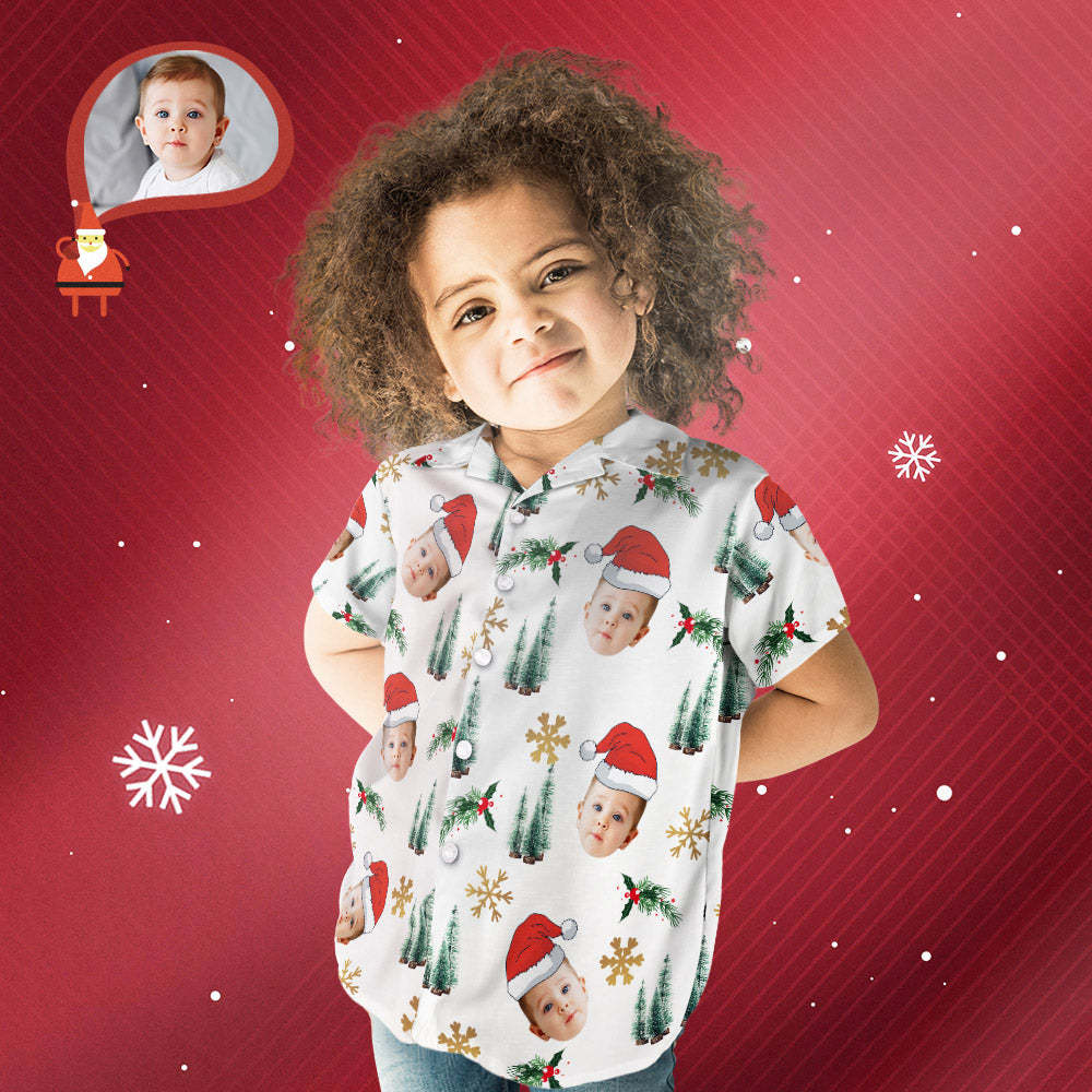 Visage Personnalisé Chemise Hawaïenne De Noël Personnalisée Pour Enfant Votre Visage Avec Chapeau De Père Noël - MaPhotocaleconFr