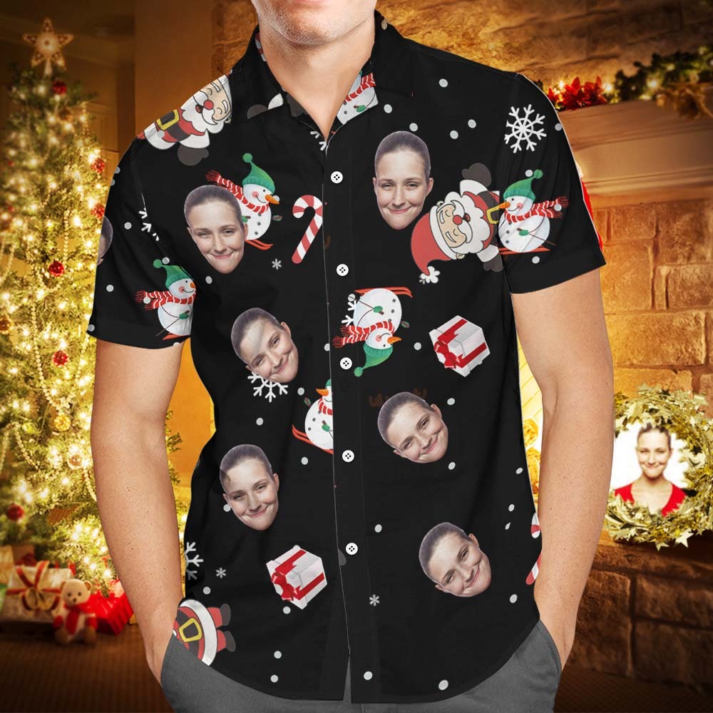 Chemise Hawaïenne De Noël Personnalisée Avec Visage Personnalisé, Bonhomme De Neige, Ski, Canne En Bonbon, Cadeaux De Vacances - MaPhotocaleconFr