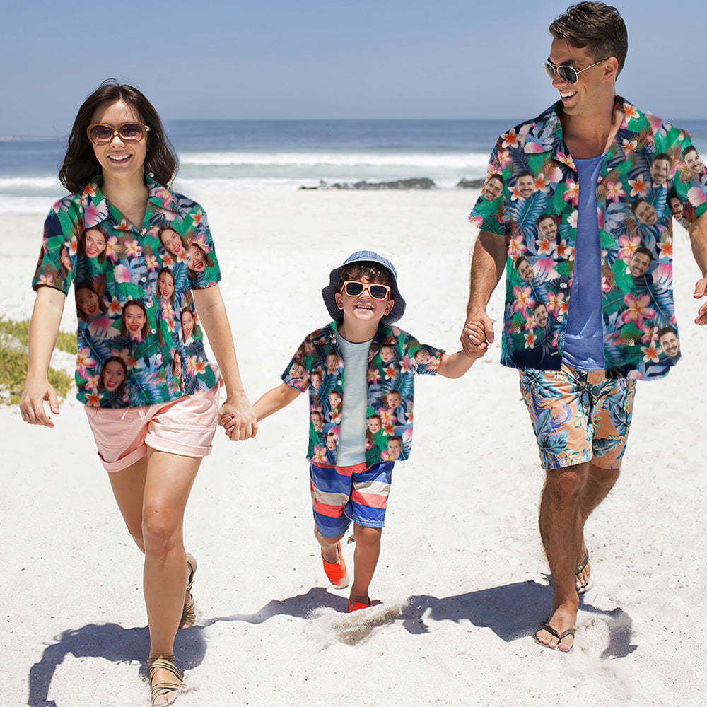 Chemise Hawaïenne Photo Personnalisée Parent-enfant Porte Visage Personnalisé Chemise Hawaïenne Cadeau Fleurs Colorées - VisageChaussettes