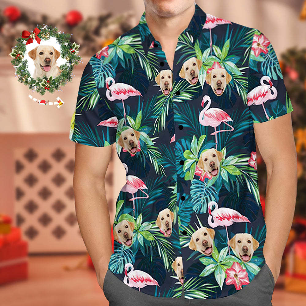 Cadeaux De Noël Chemise Hawaïenne Personnalisée Avec Visage Chemise De Visage De Chien Personnalisée Feuilles Et Chemises Boutonnées Flamingo - VisageChaussettes
