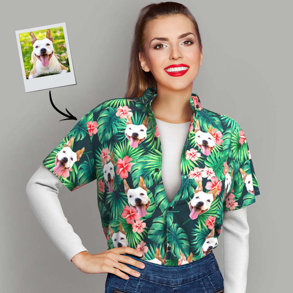 Chemises Tropicales Personnalisées Chemise Hawaïenne Personnalisée Avec Visage De Chien Chemise Feuilles Et Fleurs - VisageChaussettes