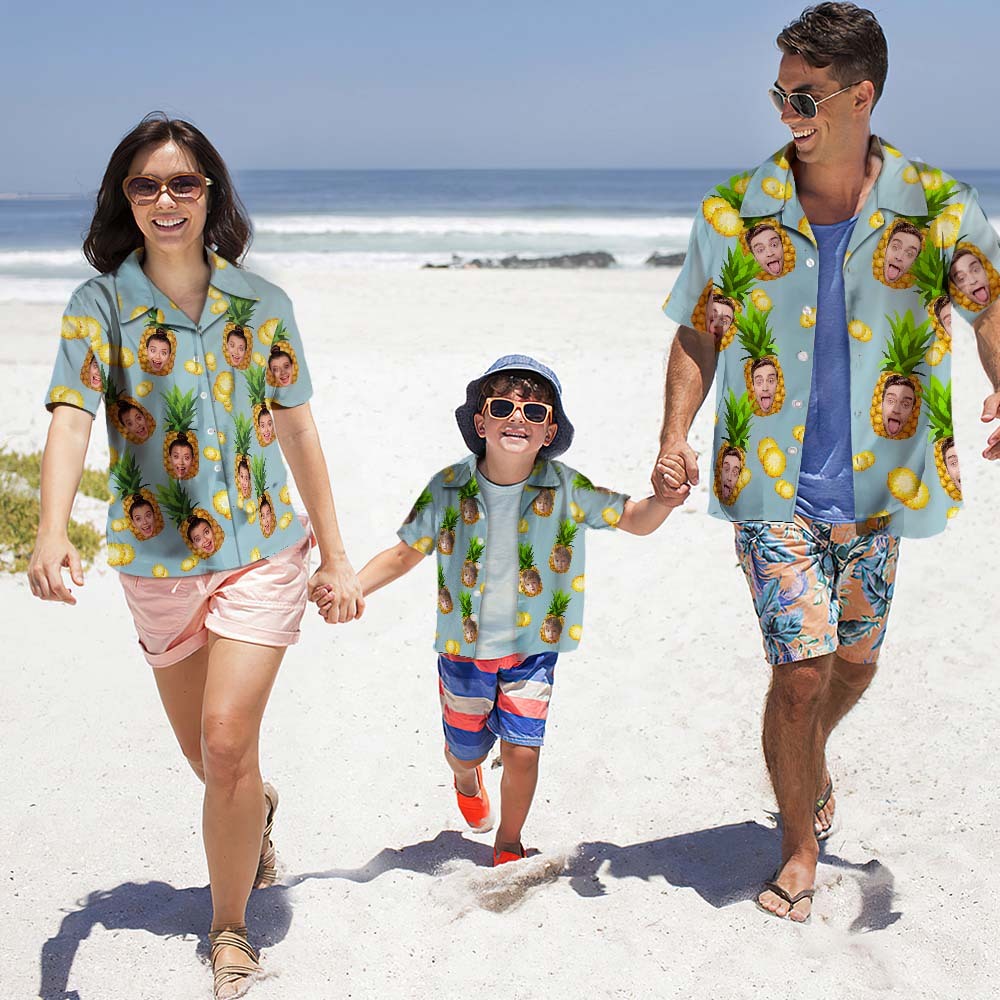 Chemise Hawaïenne Photo Personnalisée Parent-enfant Porte Visage Personnalisé Chemise Hawaïenne Cadeau Gros Ananas - VisageChaussettes