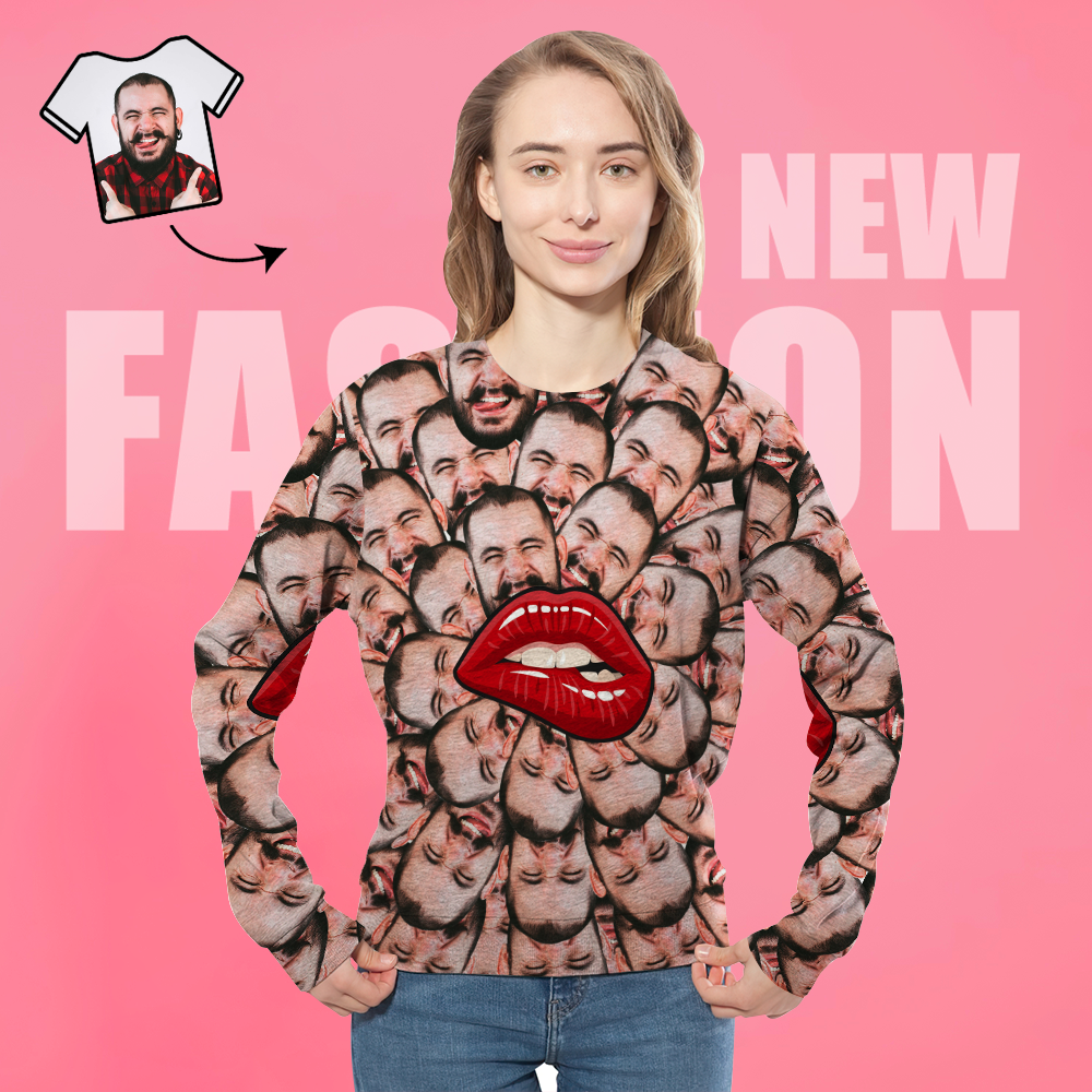 Personnalisé Visage Unisexe Sweat Casual Imprimé Photo Chemise À Manches Longues Pour Hommes Femmes - Lèvres - VisageChaussettes