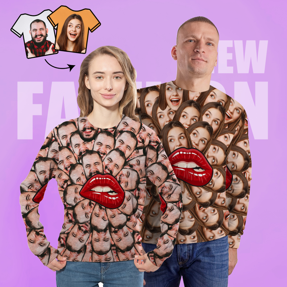 Personnalisé Visage Unisexe Sweat Casual Imprimé Photo Chemise À Manches Longues Pour Hommes Femmes - Lèvres - VisageChaussettes