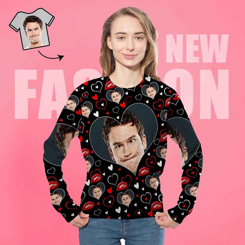 Personnalisé Visage Unisexe Sweat Casual Imprimé Photo Noir Chemise À Col Ras Du Cou Pour Hommes Femmes - Coeur - VisageChaussettes
