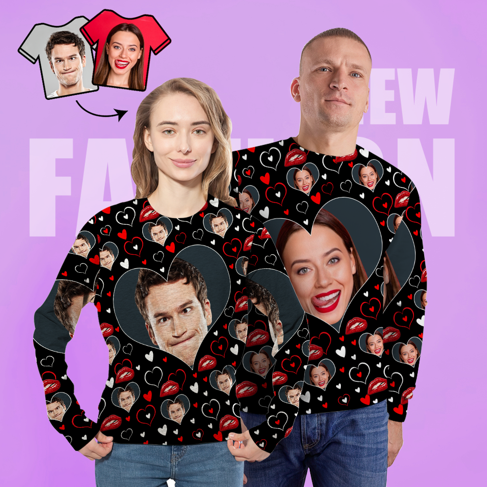 Personnalisé Visage Unisexe Sweat Casual Imprimé Photo Noir Chemise À Col Ras Du Cou Pour Hommes Femmes - Coeur - VisageChaussettes