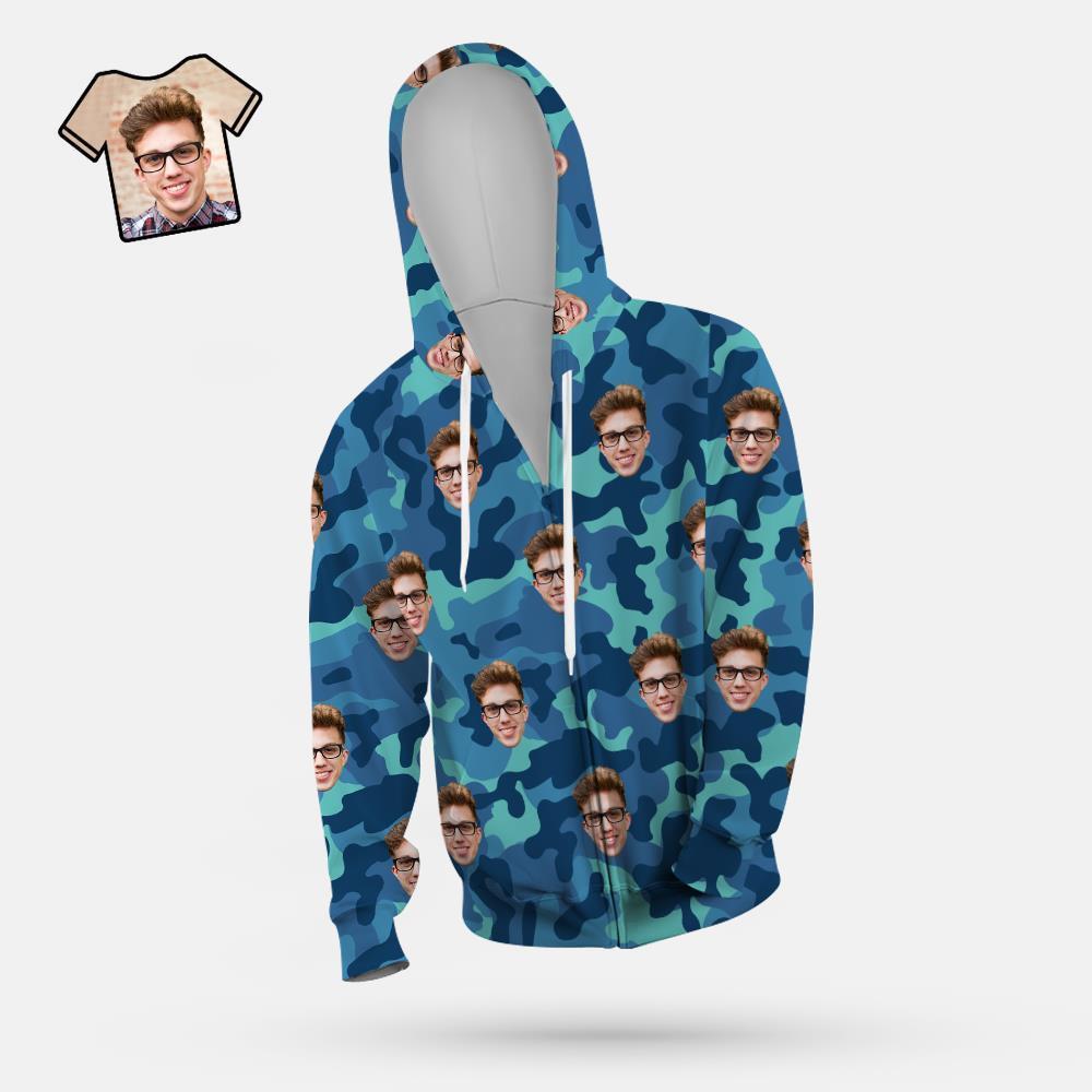 Custom Face Unisex Hoodie Casual Imprimé Camouflage Bleu Acier - VisageChaussettes