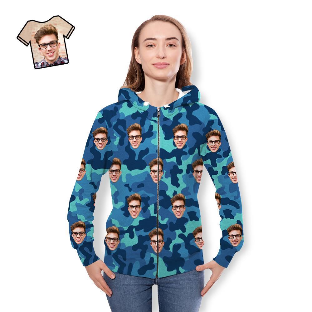 Custom Face Unisex Hoodie Casual Imprimé Camouflage Bleu Acier - VisageChaussettes