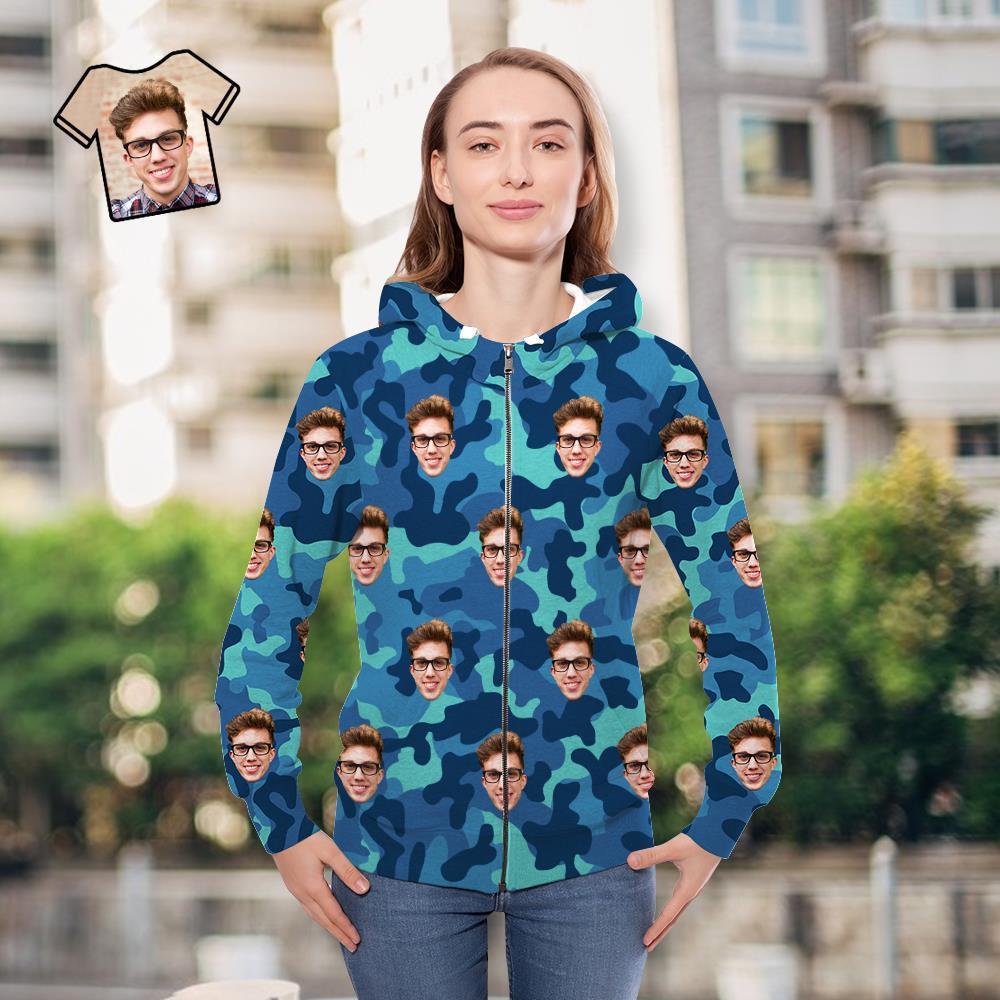 Custom Face Unisex Hoodie Casual Imprimé Camouflage Bleu Acier - VisageChaussettes