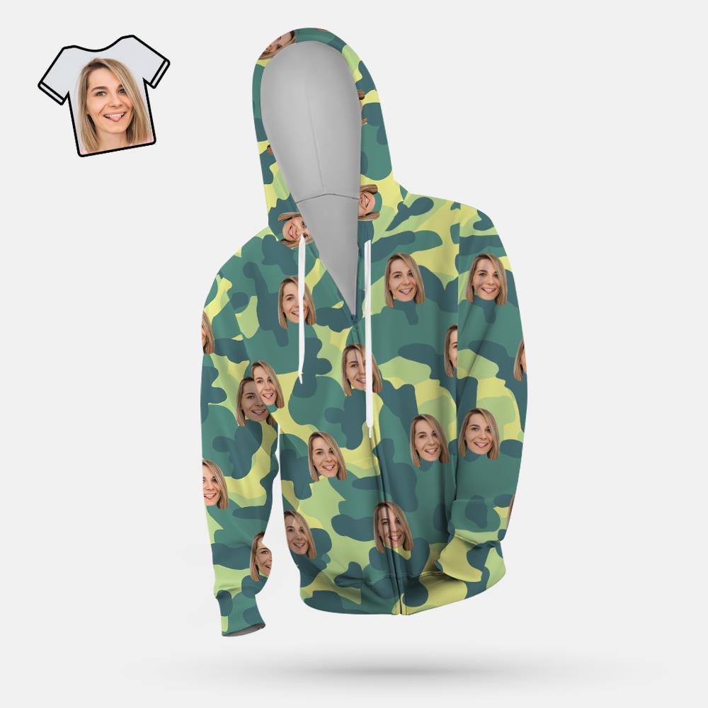 Custom Face Unisex Hoodie Casual Imprimé Camouflage Vert Clair - VisageChaussettes