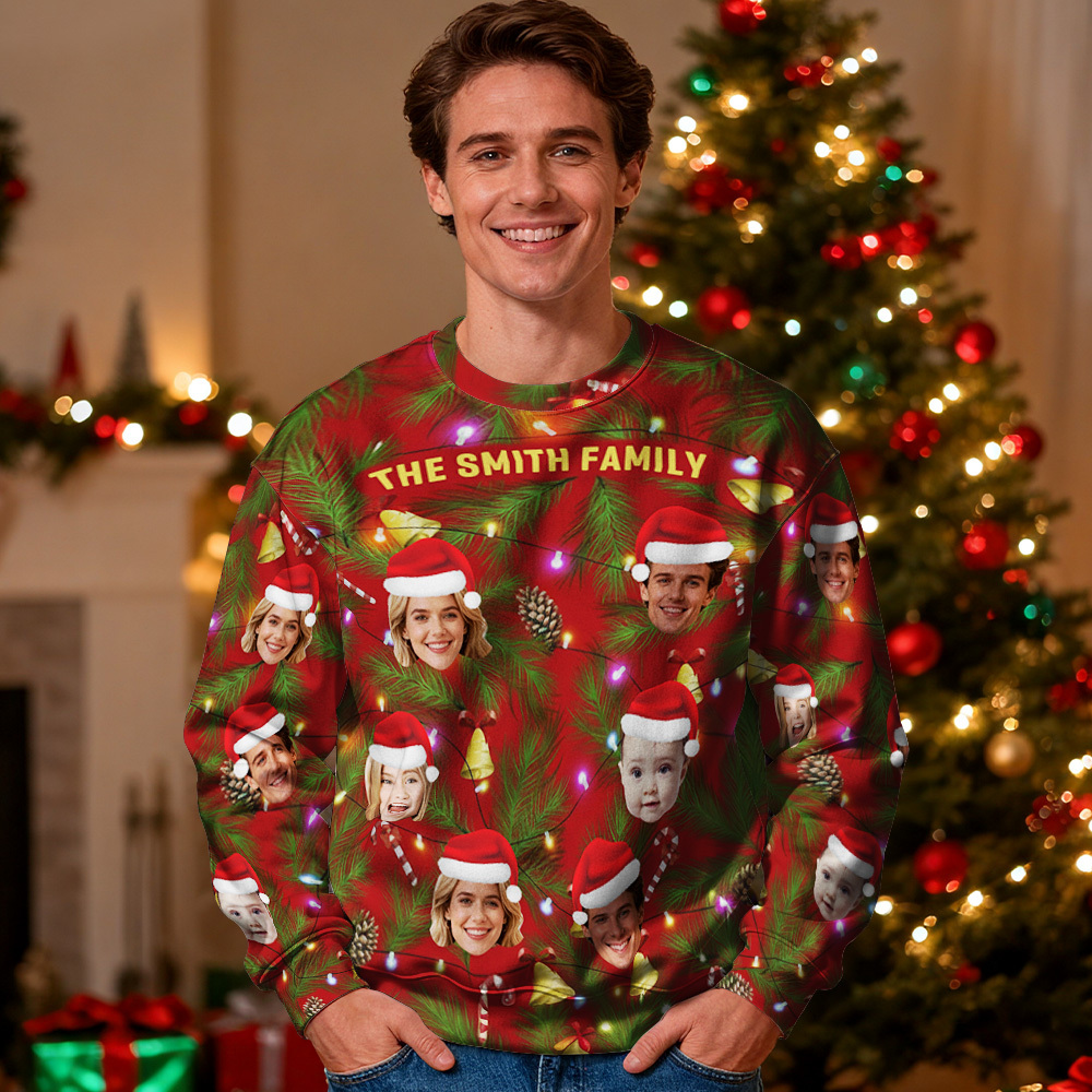 Sweat À Capuche À Col Rond Personnalisé Avec Photo, Cadeau Idéal Pour La Famille, Pull Avec Guirlande Lumineuse De Noël - MyFaceSocksFR