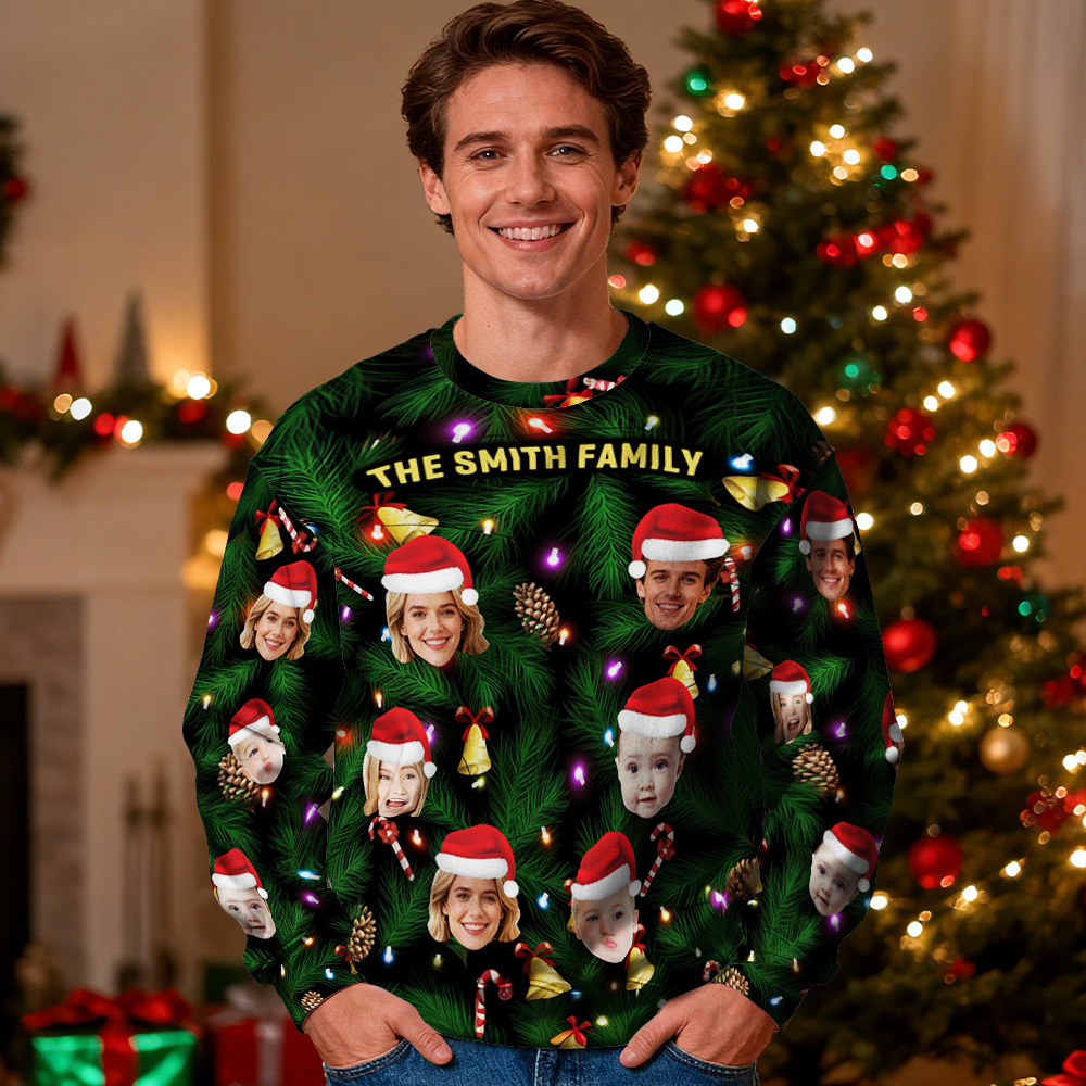 Sweat À Capuche À Col Rond Personnalisé Avec Photo, Cadeau Idéal Pour La Famille, Pull Avec Guirlande Lumineuse De Noël - MyFaceSocksFR