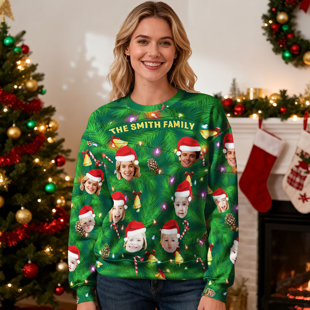 Sweat À Capuche À Col Rond Personnalisé Avec Photo, Cadeau Idéal Pour La Famille, Pull Avec Guirlande Lumineuse De Noël - MyFaceSocksFR
