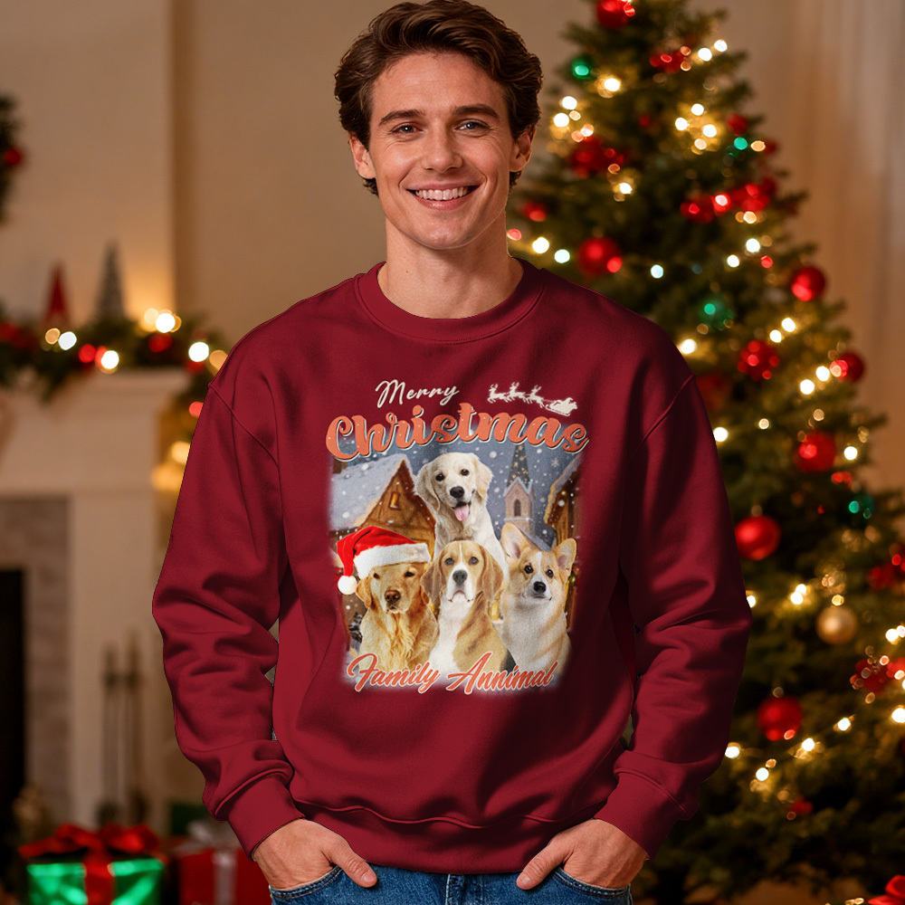 Sweat À Capuche Col Rond Personnalisé Avec Portrait Rétro Vintage De Votre Animal De Compagnie, Sweat-shirt De Noël Vert - MyFaceSocksFR
