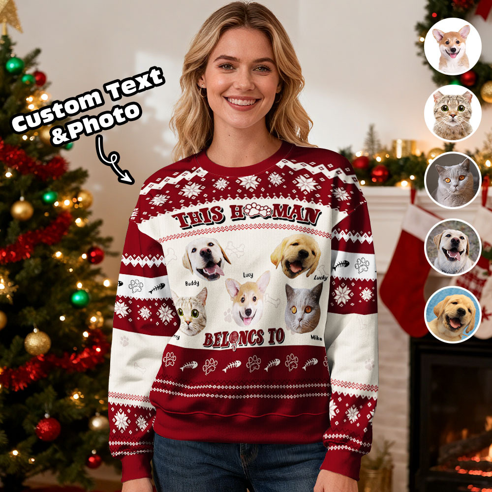 Sweat À Capuche Personnalisé Avec Photo Personnalisée, Col Rond, Cadeau De Noël Pour La Famille, Joli Pull Avec Visage D'animal De Compagnie, Led De Noël, Unisexe - MyFaceSocksFR