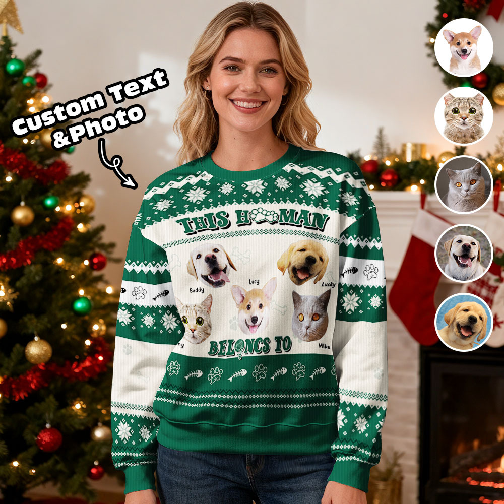 Sweat À Capuche Personnalisé Avec Photo Personnalisée, Col Rond, Cadeau De Noël Pour La Famille, Joli Pull Avec Visage D'animal De Compagnie, Led De Noël, Unisexe - MyFaceSocksFR