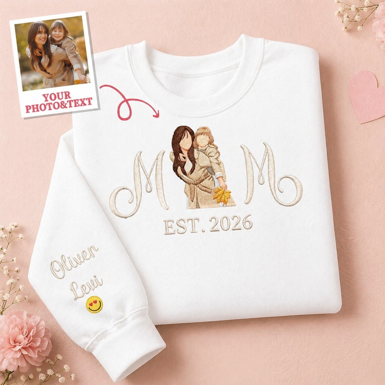 Sweat-shirt Brodé Personnalisé Pour Maman Avec Portrait De Maman Et Enfants - MyFaceSocksFR