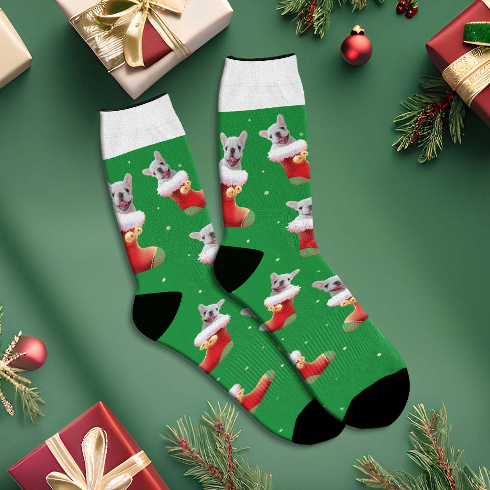 Chaussettes De Noël Respirantes Vertes Personnalisées, Chaussettes Souples Avec Photo De Chien, Cadeaux Pour Amoureux Des Animaux De Compagnie - VisageChaussettes