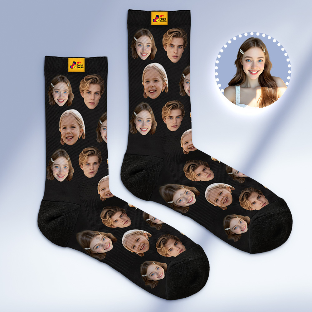 Chaussettes Personnalisées Avec Photo De Visage, Chaussettes Personnalisées Avec Photo De Visage, Chaussettes De Famille Grises Amusantes Avec Photo - MyFaceSocksFR
