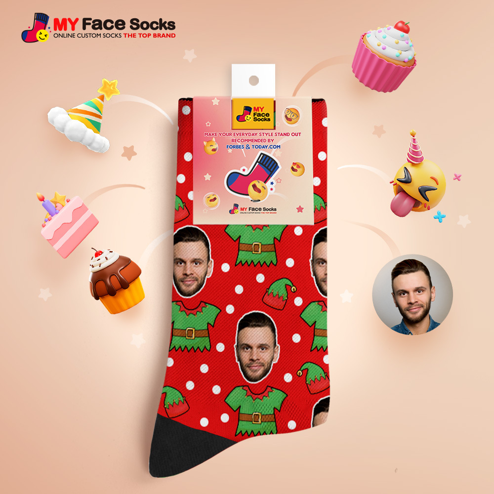 Chaussettes Personnalisées Avec Visage D'elfe, Chaussettes De Noël Personnalisées Avec Photo, Cadeau Amusant Pour La Famille Et Les Amis - MyFaceSocksFR