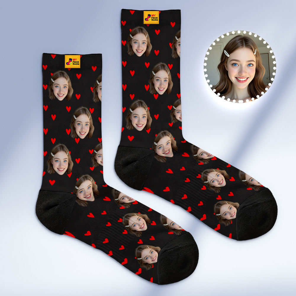 Chaussettes Personnalisées En Forme De Cœur, Chaussettes Rouges Personnalisées Avec Photo De Visages, Cadeau Amusant, Photo De Couple, Chaussettes De Famille