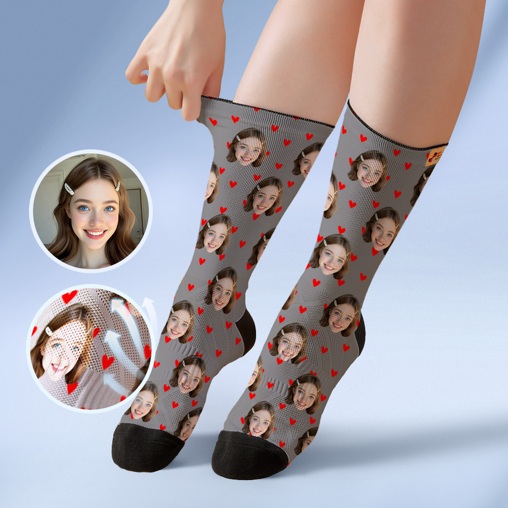 Chaussettes Personnalisées En Forme De Cœur, Chaussettes Rouges Personnalisées Avec Photo De Visages, Cadeau Amusant, Photo De Couple, Chaussettes De Famille - MyFaceSocksFR