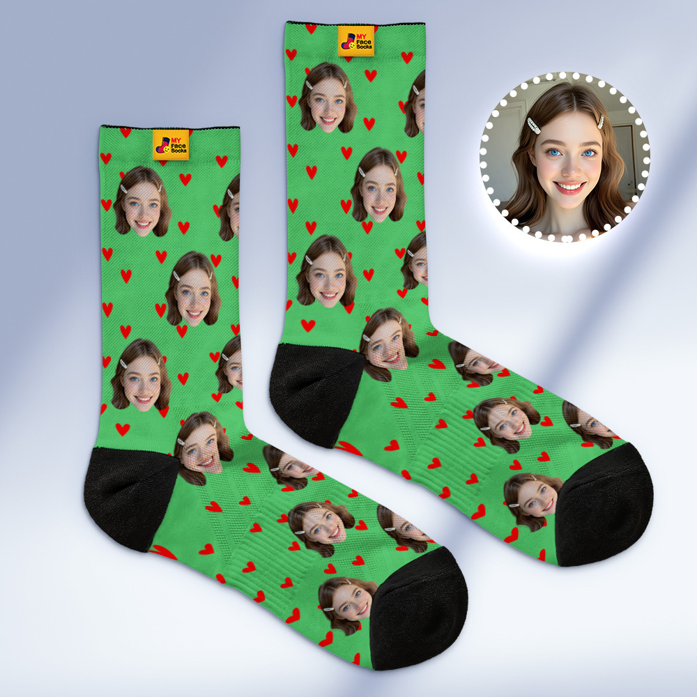 Chaussettes Personnalisées En Forme De Cœur, Chaussettes Rouges Personnalisées Avec Photo De Visages, Cadeau Amusant, Photo De Couple, Chaussettes De Famille - MyFaceSocksFR
