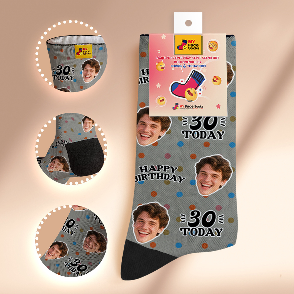 Chaussettes Personnalisées Pour Visage, Chaussettes D'anniversaire Blanches, Chaussettes D'anniversaire À Pois Personnalisées Avec Photo De Visage, Cadeau Amusant, Chaussettes D'anniversaire Photo - MyFaceSocksFR