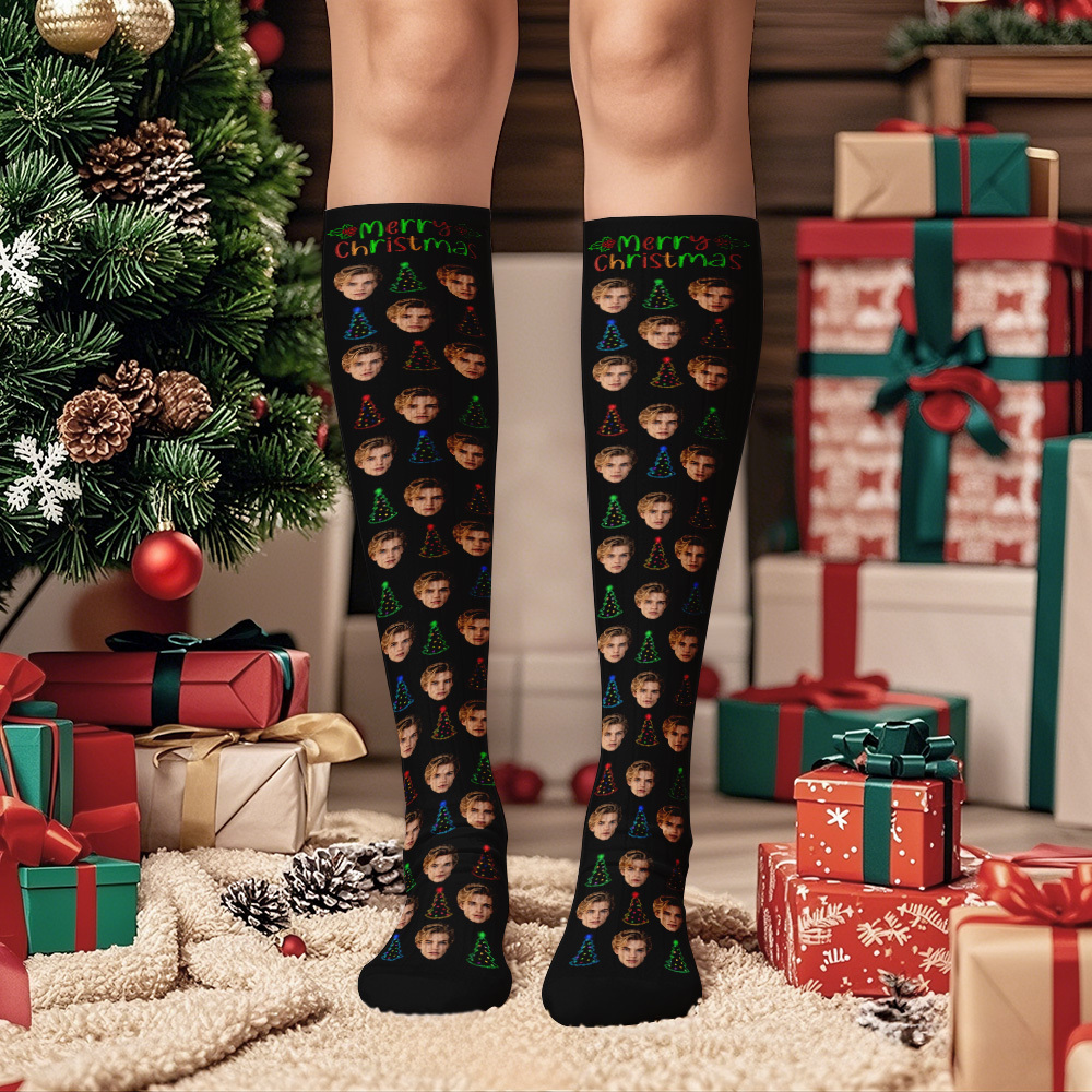 Chaussettes Hautes À Pois Personnalisées, Chaussettes De Noël Avec Visage Personnalisé, Chaussettes Festives Pour Les Fêtes Ou Un Cadeau. - MyFaceSocksFR