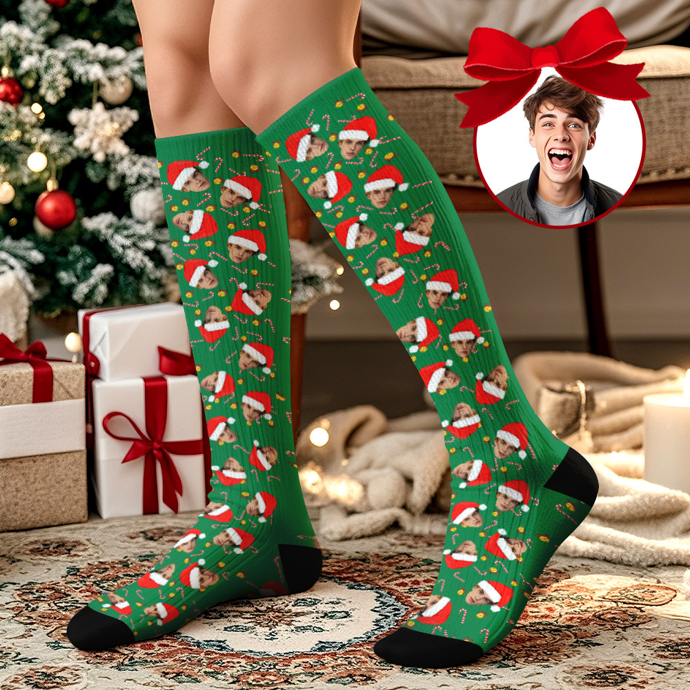Chaussettes Hautes À Pois Personnalisées, Chaussettes De Noël Avec Visage Personnalisé, Chaussettes Festives Pour Les Fêtes Ou Un Cadeau. - MyFaceSocksFR