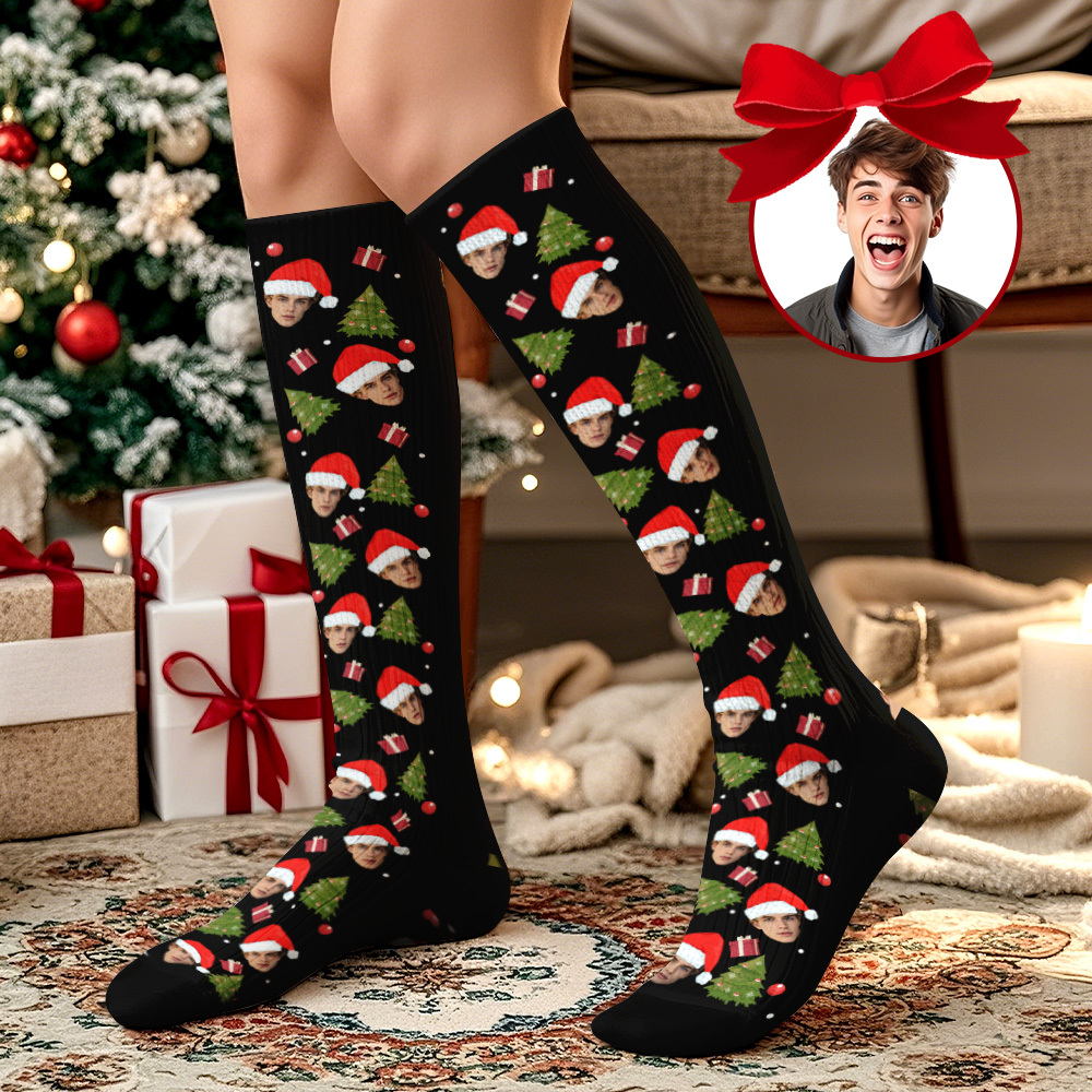 Chaussettes Hautes À Pois Personnalisées, Chaussettes De Noël Avec Visage Personnalisé, Chaussettes Festives Pour Les Fêtes Ou Un Cadeau. - MyFaceSocksFR