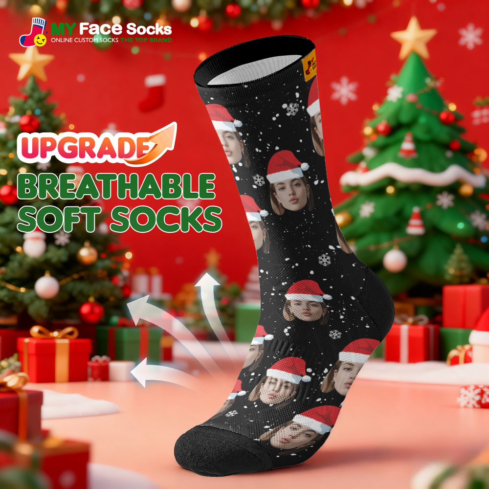 Chaussettes De Noël Personnalisées Rose Clair Avec Photo Du Père Noël, Chaussettes De Noël Personnalisées, Cadeau Pour Couple En Famille - MyFaceSocksFR