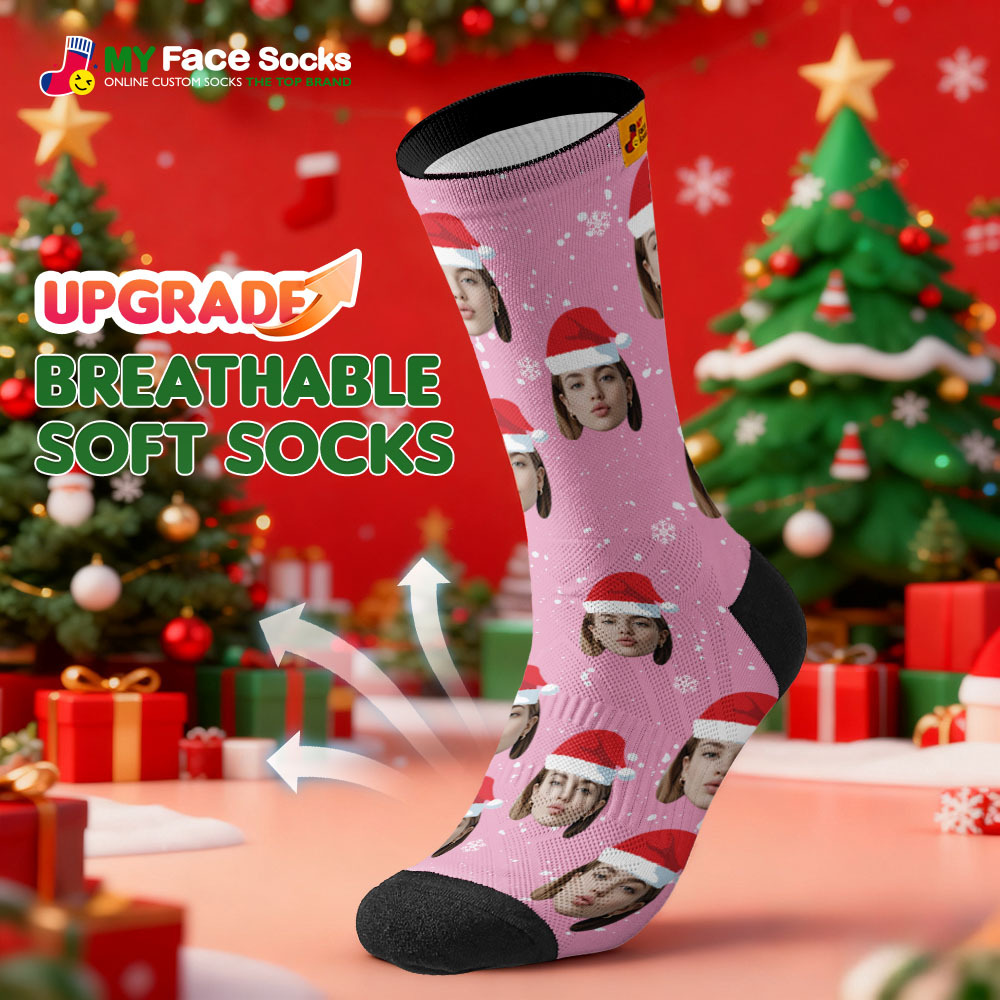 Chaussettes De Noël Personnalisées Rose Clair Avec Photo Du Père Noël, Chaussettes De Noël Personnalisées, Cadeau Pour Couple En Famille - MyFaceSocksFR