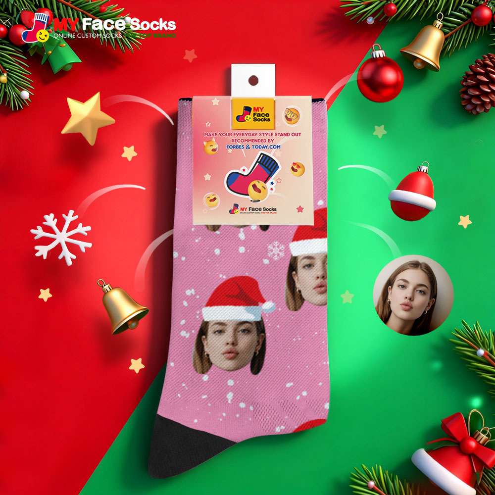 Chaussettes De Noël Personnalisées Rose Clair Avec Photo Du Père Noël, Chaussettes De Noël Personnalisées, Cadeau Pour Couple En Famille - MyFaceSocksFR