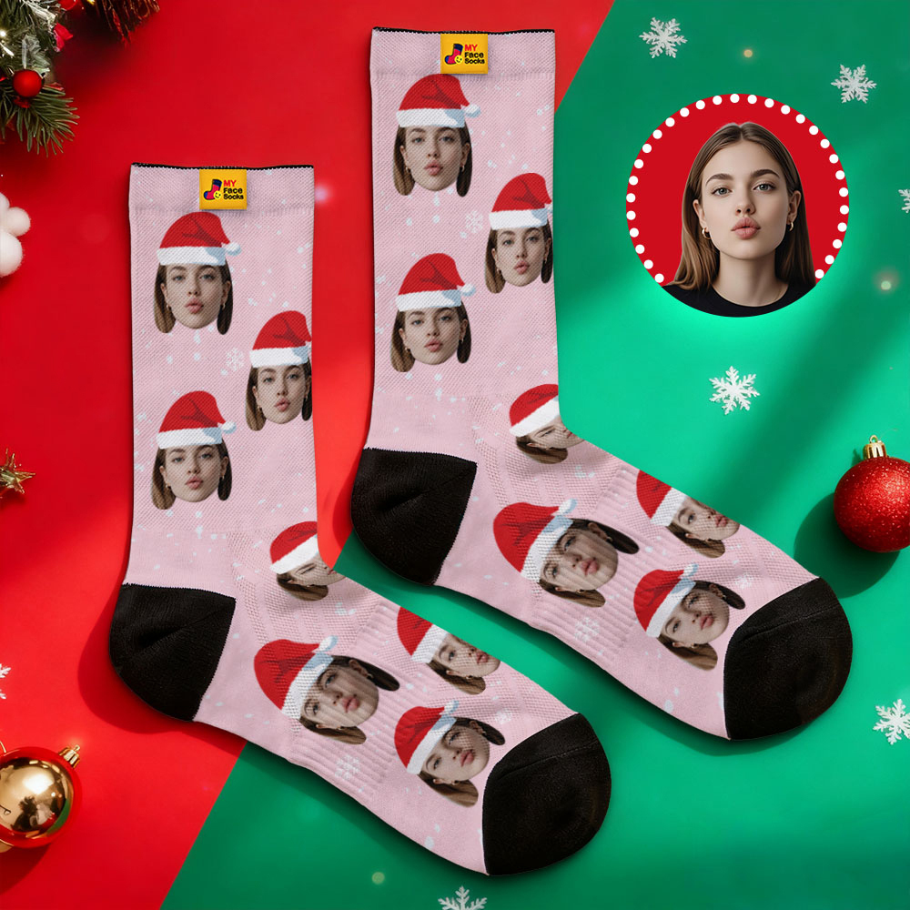 Chaussettes De Noël Personnalisées Rose Clair Avec Photo Du Père Noël, Chaussettes De Noël Personnalisées, Cadeau Pour Couple En Famille - MyFaceSocksFR