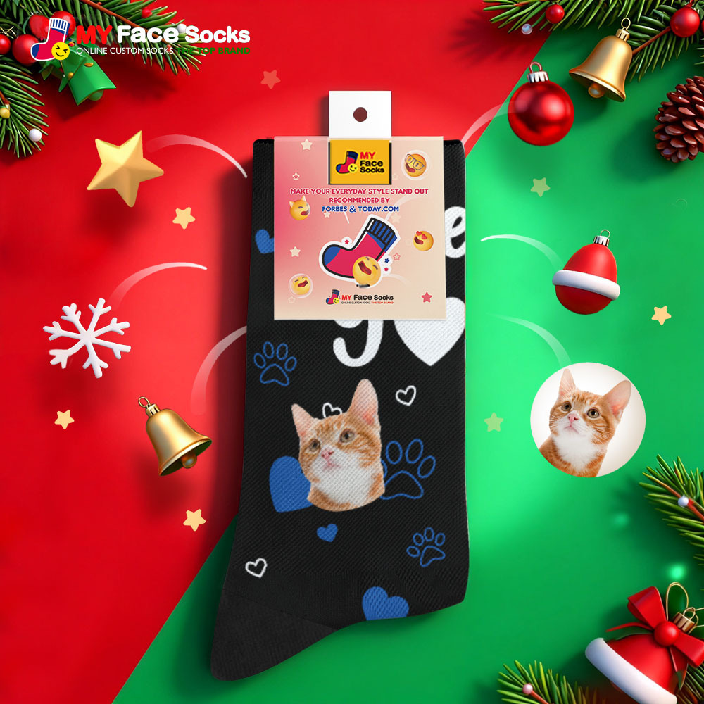 Chaussettes Personnalisées Sur Le Thème Des Chats, Chaussettes De Noël, Chaussettes Personnalisées « Je Te Miaule », Chaussettes Père Noël Pour Amoureux Des Animaux - MyFaceSocksFR