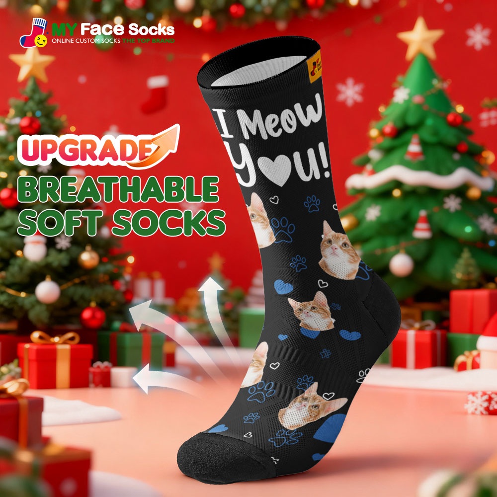 Chaussettes Personnalisées Sur Le Thème Des Chats, Chaussettes De Noël, Chaussettes Personnalisées « Je Te Miaule », Chaussettes Père Noël Pour Amoureux Des Animaux - MyFaceSocksFR
