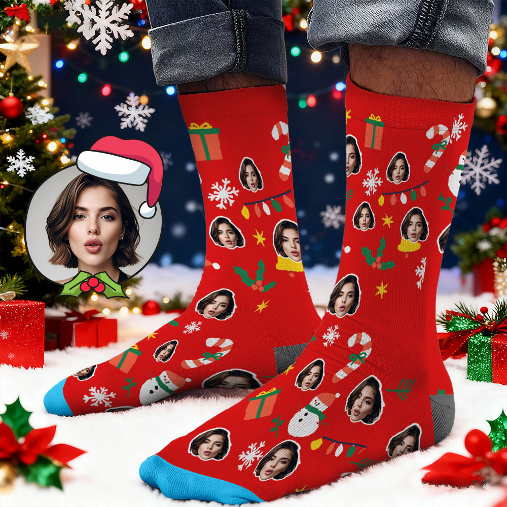 Chaussettes Personnalisées Avec Imprimé Visage - Motif Flocons De Neige Et Cerfs - Idée Cadeau De Noël Personnalisée - Meilleure Idée Cadeau Pour Le Père Noël - MyFaceSocksFR