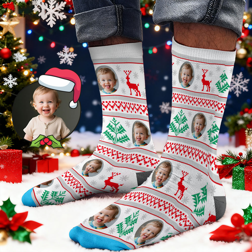 Chaussettes Personnalisées Avec Imprimé Visage - Motif Flocons De Neige Et Cerfs - Idée Cadeau De Noël Personnalisée - Meilleure Idée Cadeau Pour Le Père Noël - MyFaceSocksFR