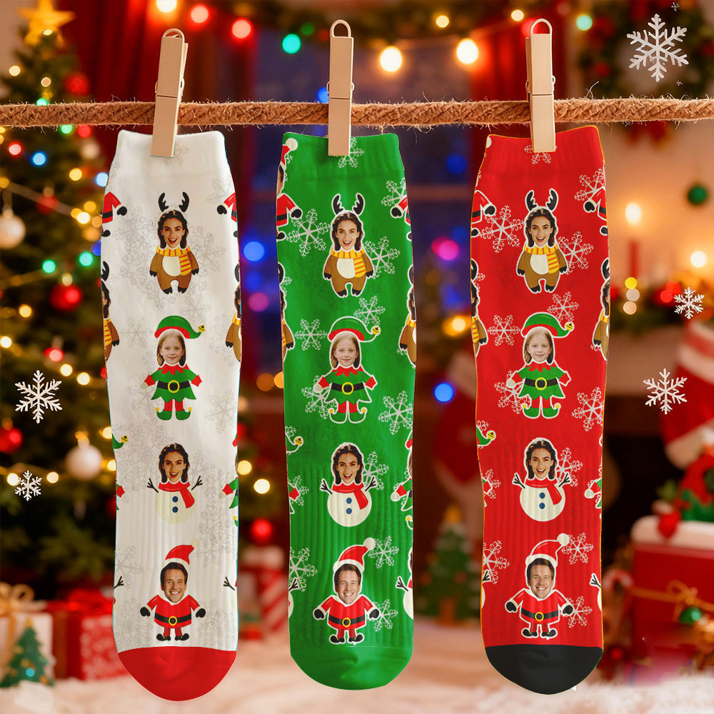 Chaussettes Personnalisées Avec Imprimé Visage - Motif Flocons De Neige Et Cerfs - Idée Cadeau De Noël Personnalisée - Meilleure Idée Cadeau Pour Le Père Noël - MyFaceSocksFR