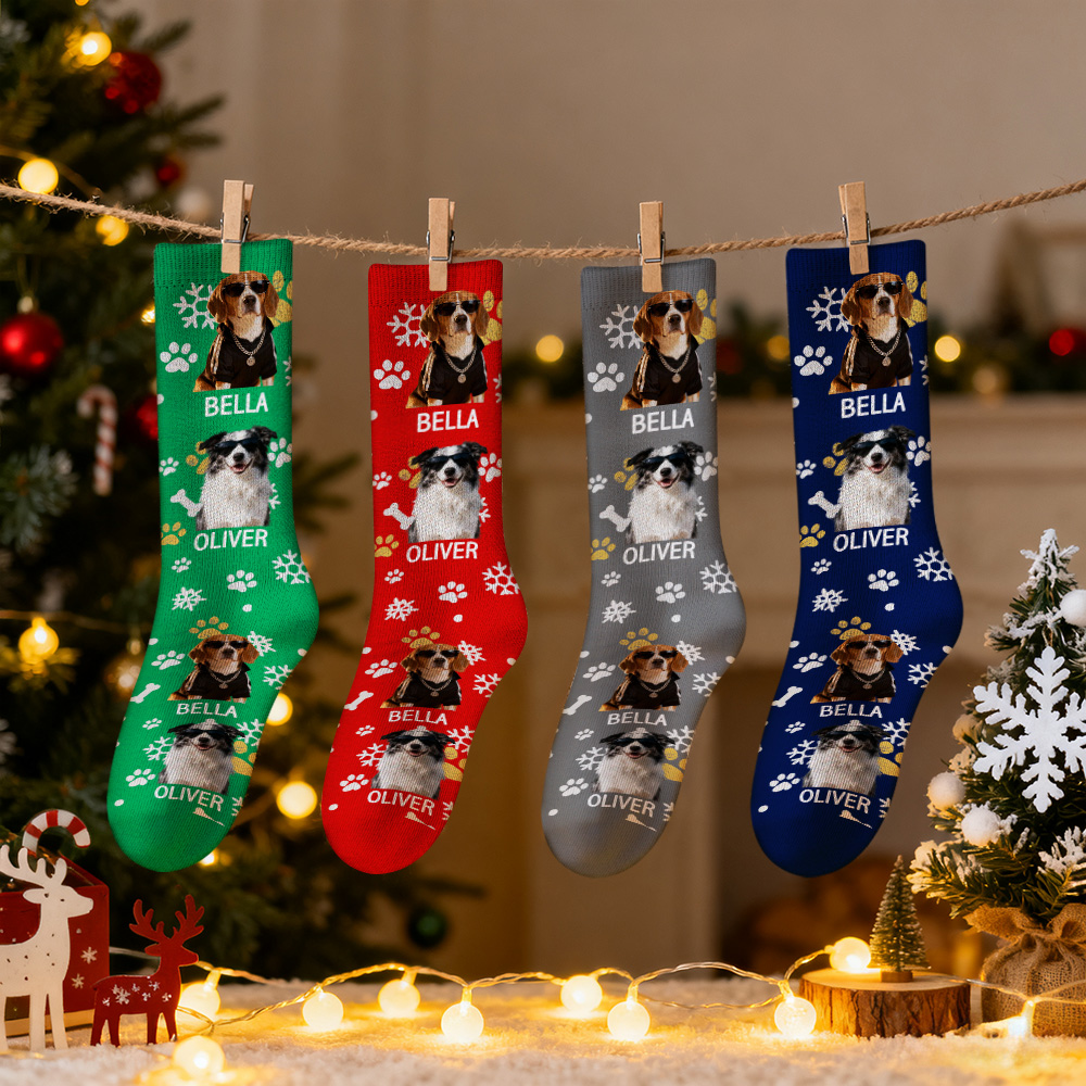 Chaussettes De Noël Personnalisées Avec Photo D'animal De Compagnie Mignon Pour Hommes Et Femmes, Chaussettes Avec Nom De L'animal, Style Père Noël, Plusieurs Couleurs Au Choix