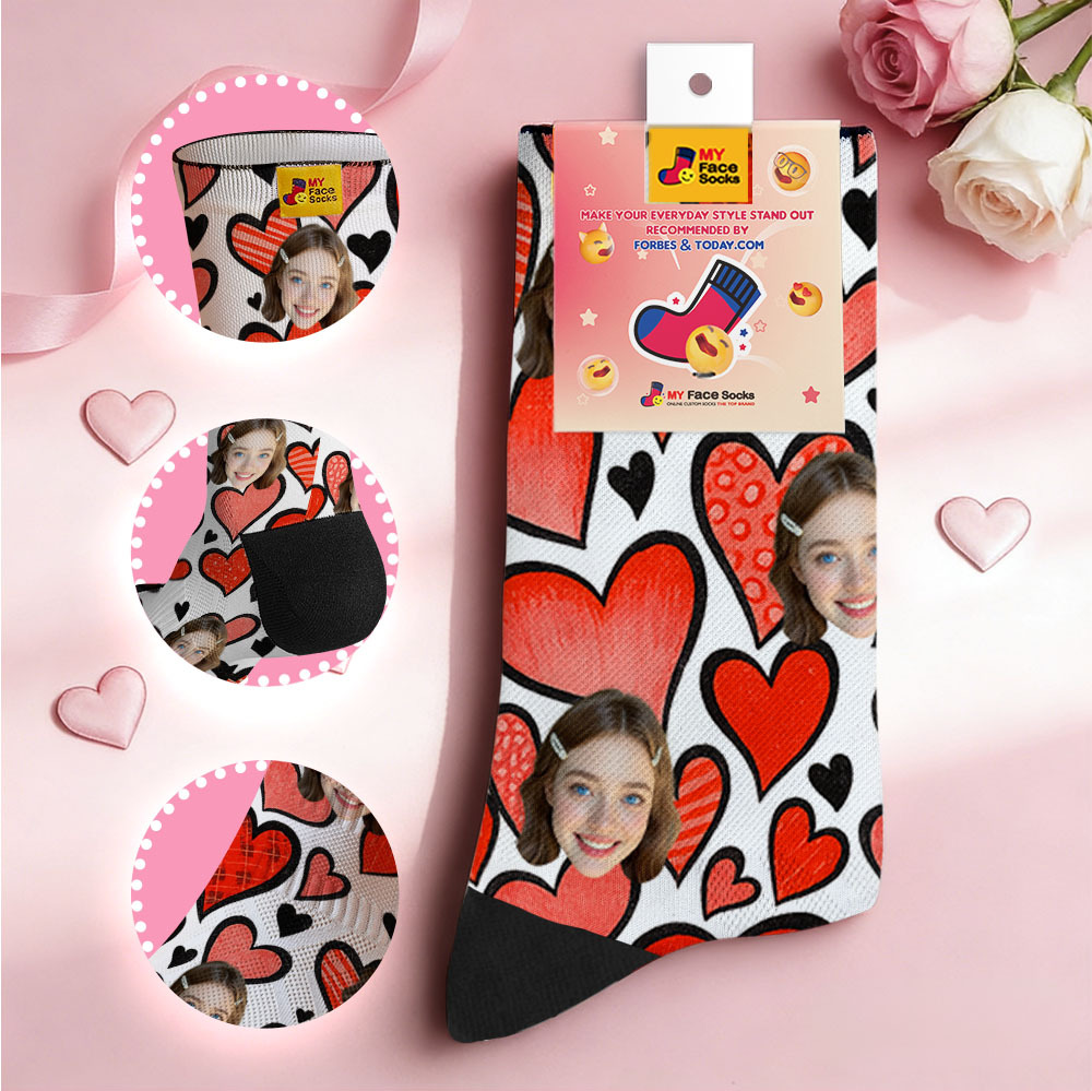 Chaussettes Personnalisées Avec Un Cœur Rouge - Chaussettes Sur Le Thème De La Saint-valentin - Cadeau Pour Couple - MyFaceSocksFR