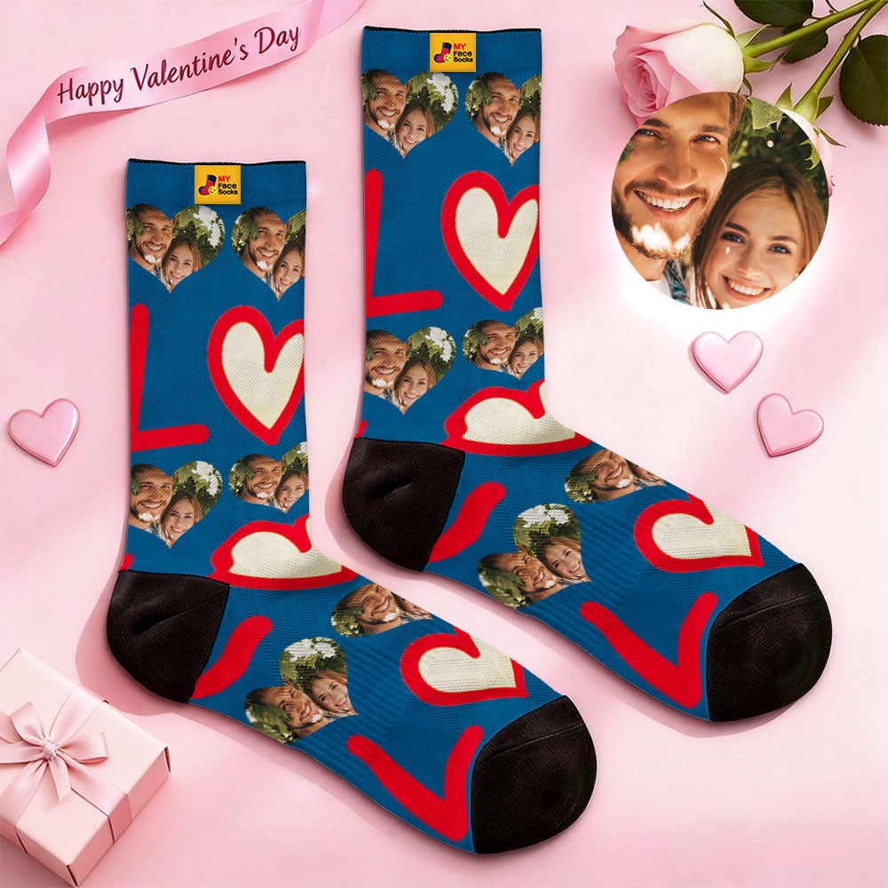 Chaussettes Personnalisées Avec Photo Et Motif Cœur Bleu Pour La Saint-valentin - Cadeau Pour Couple